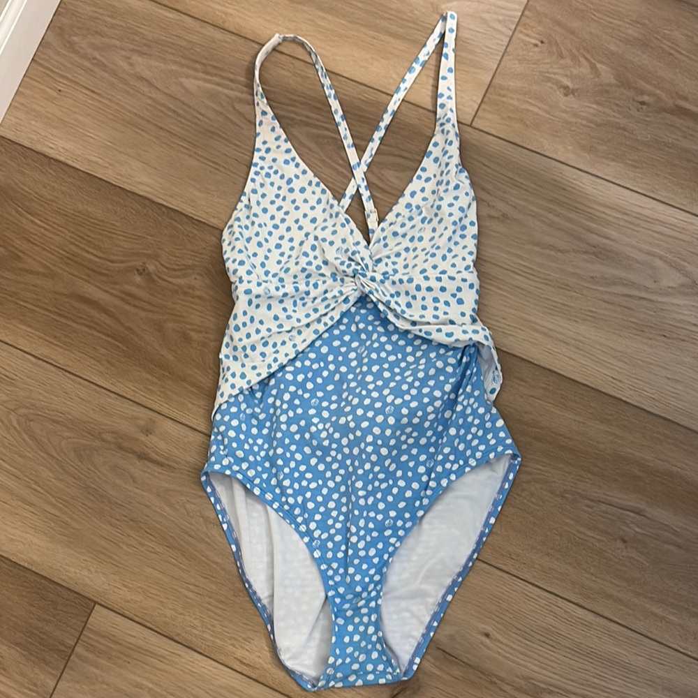 Lilly Pulitzer Malvie Blue and White Polka Dot Swimsuit Size 14 - Picture 2 of 7
